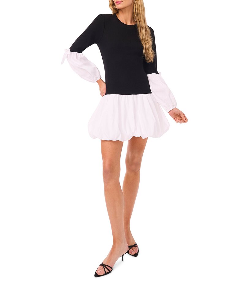 セセ レディース トップス ワンピース ミニ CeCe Round Neck Long Sleeve Drop Waist Mini Bubble Dress Black/White ホワイト