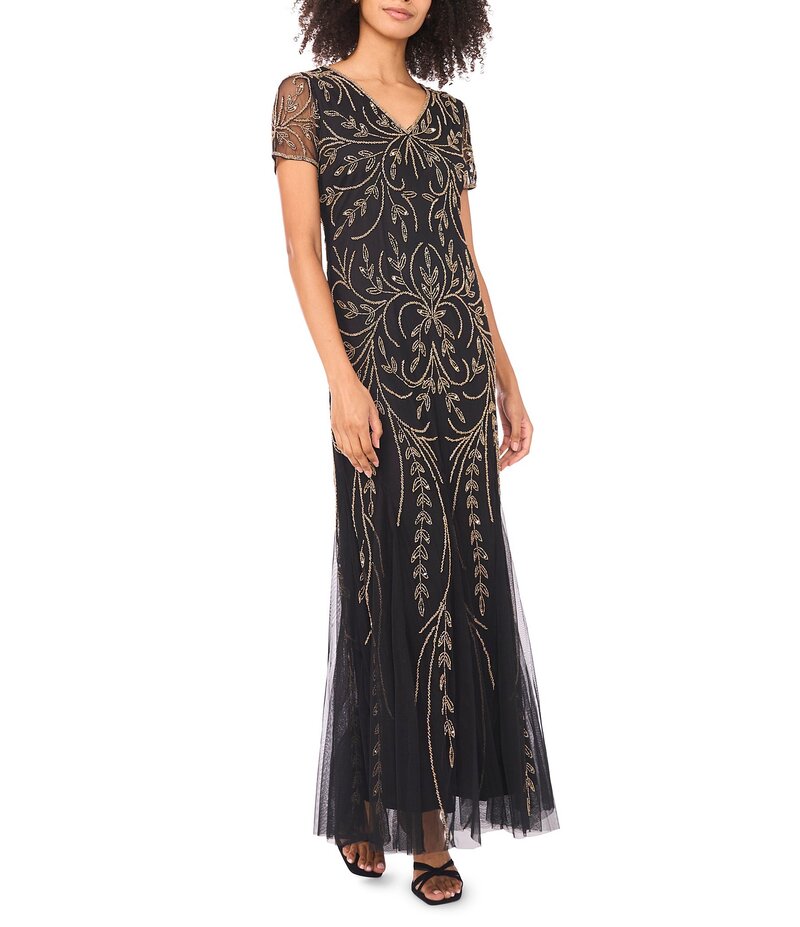 ピサッロナイツ レディース トップス ワンピース Vネック プチ スカート Pisarro Nights Petite Size V-Neck Short Sleeve Godet Skirt Beaded Column Gown Black/Gold ブラック