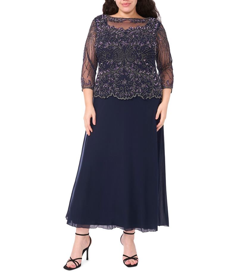 ピサッロナイツ レディース トップス ワンピース A ライン プラスサイズ Pisarro Nights Plus Size Beaded Illusion Boat Neck 3/4 Sleeve A-Line Dress Navy ネイビー