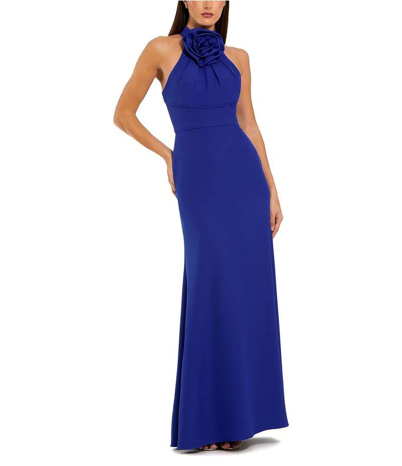 マックダガル レディース トップス ワンピース ノースリーブ ホルター Mac Duggal 3D Flower Halter Neck Sleeveless Column Gown Cobalt コバルト｜ReVida 店