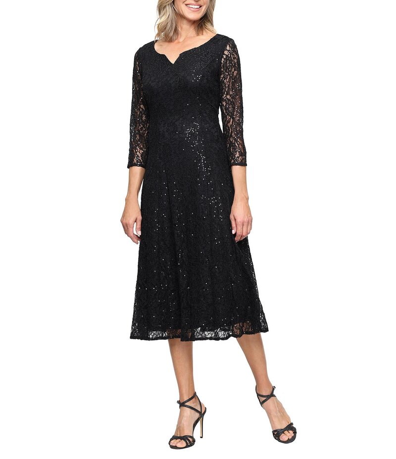 イグナイト レディース トップス ワンピース A ライン ミディワンピース ミディ スパンコール レース Ignite Evenings Sequin Lace Sweetheart Neck 3/4 Sleeve A-Line Midi Dress Black ブラック