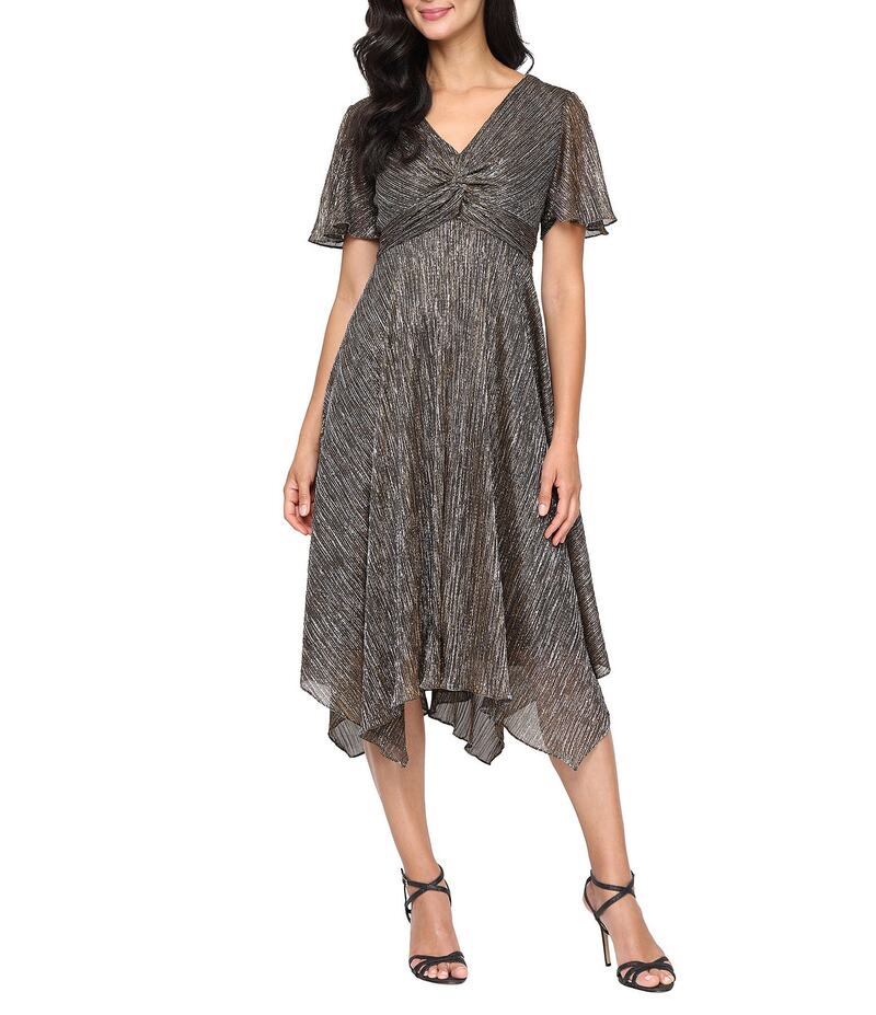イグナイト レディース トップス ワンピース Vネック ミディワンピース ミディ エンパイア Ignite Evenings Shimmer Bodre V-Neck Knot Front Short Flutter Sleeve Pointed Hem Empire Midi Dress Black/Gold ブラック 27,594円
