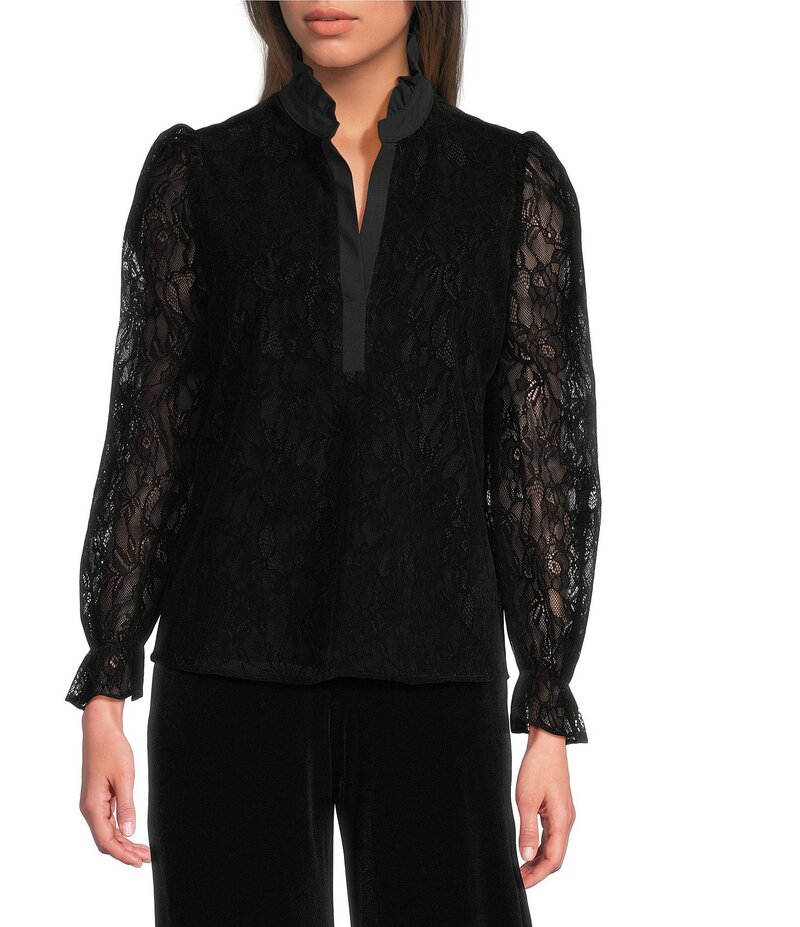 ジュードコーナリー レディース トップス シャツ フリル レース Jude Connally Teri Flocked Lace Scallop Ruffle Neck Long Sleeve Top Scallop Black ブラック
