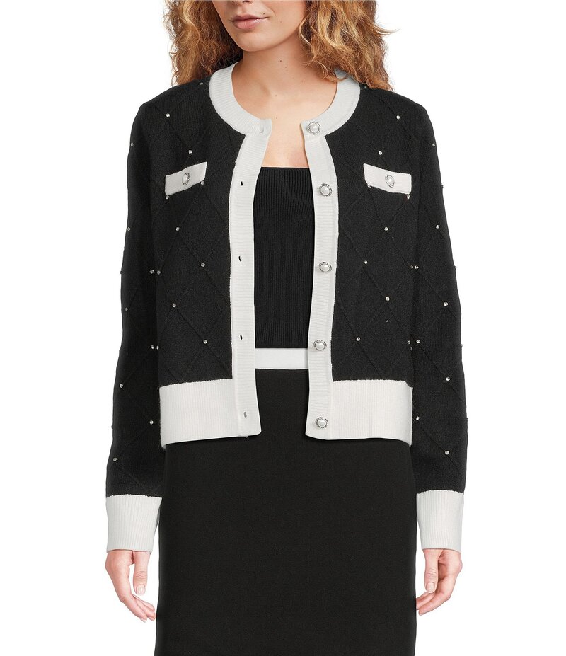 カール ラガーフェルド レディース アウター ニット・セーター クルーネック コントラスト カーディガン ニット KARL LAGERFELD PARIS Knit Crew Neck Long Sleeve Contrast Trim Cardigan Black/Soft White ホワイト
