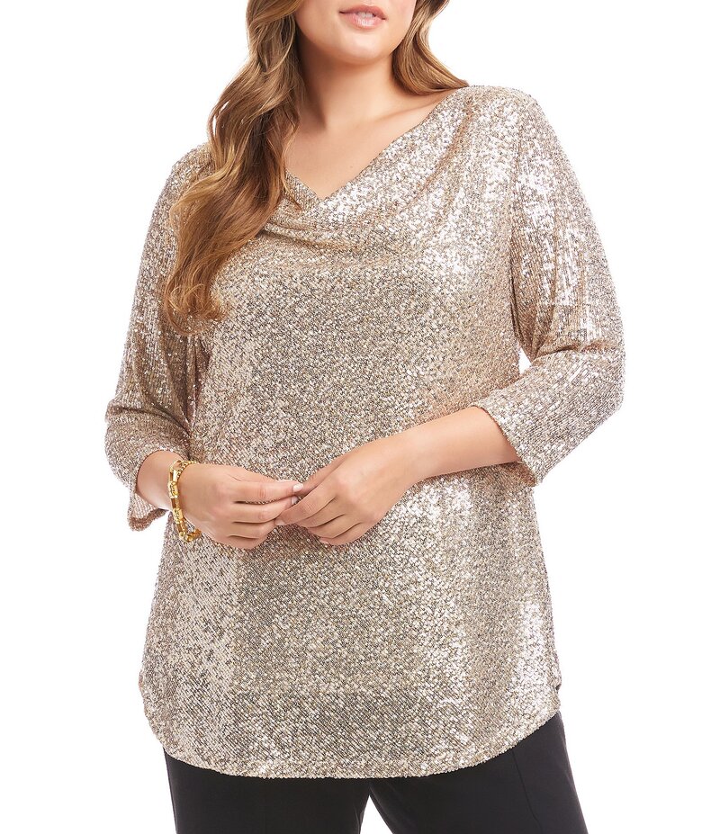 カレンケーン レディース トップス シャツ ドレープ プラスサイズ メッシュ スパンコール Karen Kane Plus Size Sequin Mesh Draped Neck 3/4 Sleeve Top Champagne シャンパン
