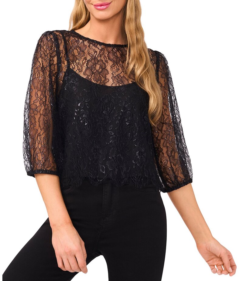 セセ レディース トップス シャツ ブラウス レース CeCe Coordinating Lace Round Neck 3/4 Puff Sleeve Blouse Rich Black ブラック
