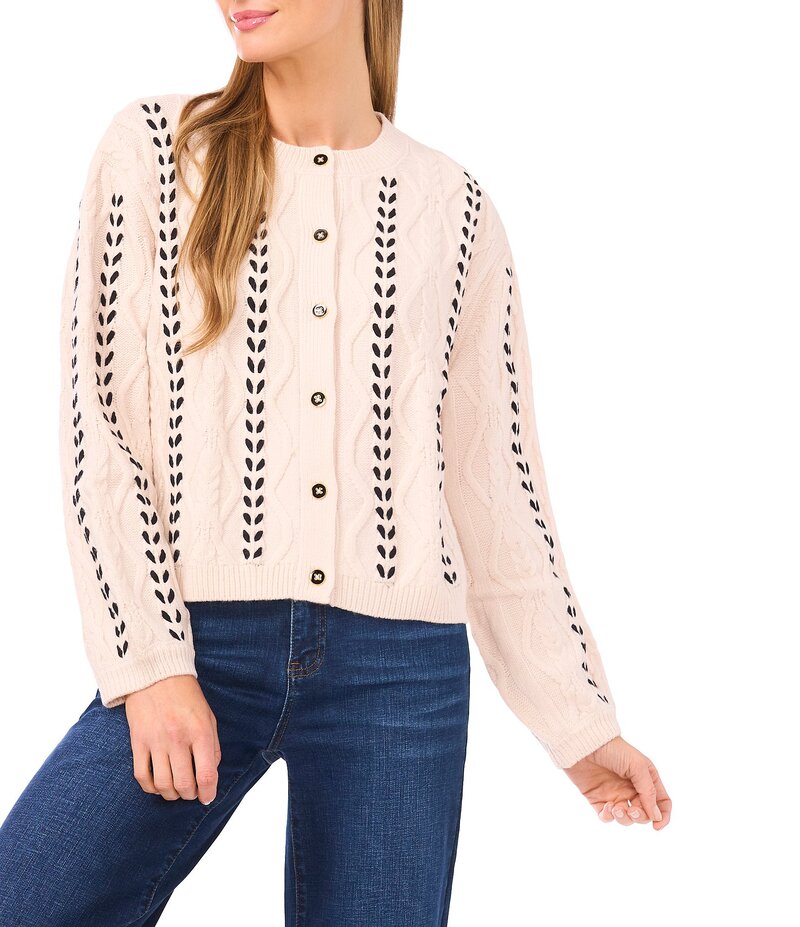 セセ レディース アウター ニット・セーター カーディガン ニット CeCe Cable Knit Round Neck Ribbon Long Sleeve Cardigan Snow Cream クリーム