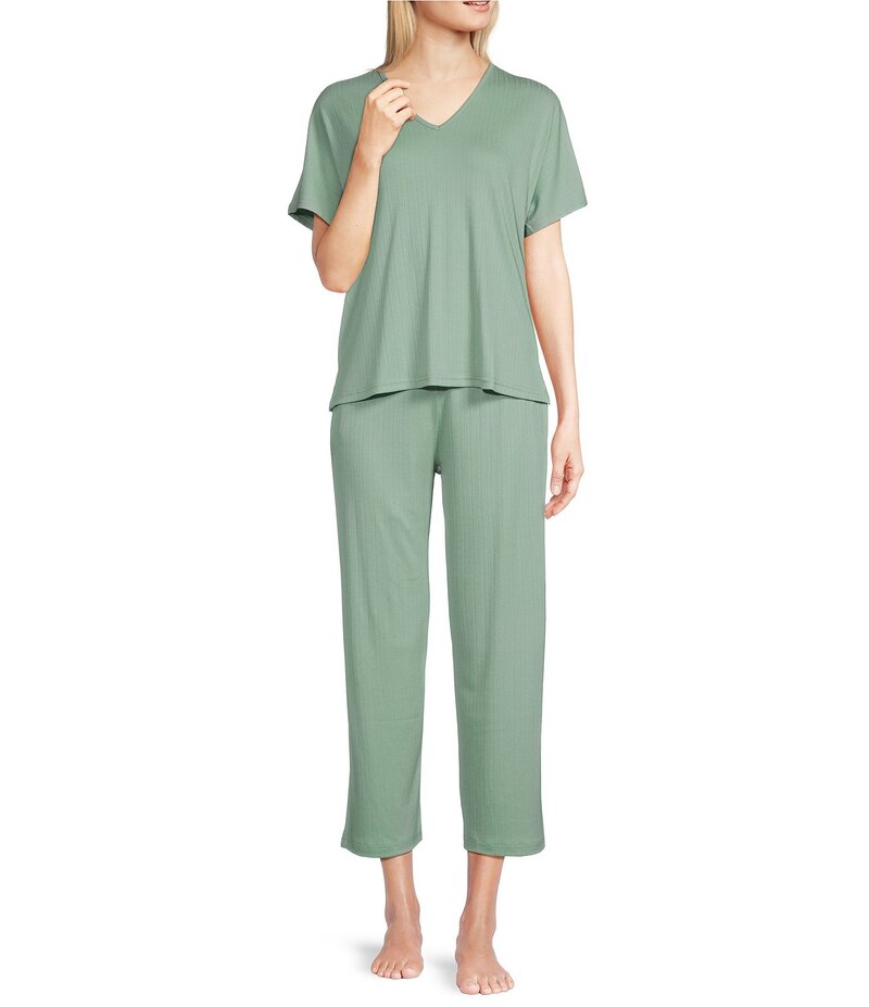 ナトリ レディース アンダー御召しもの ナイト爵御召しもの 肋筋 クロップド 編み物 Natori Soothe Ribbed Knit Short Sleeve Round Neck Cropped Coordinating Lounge Set Sage サルヴィア