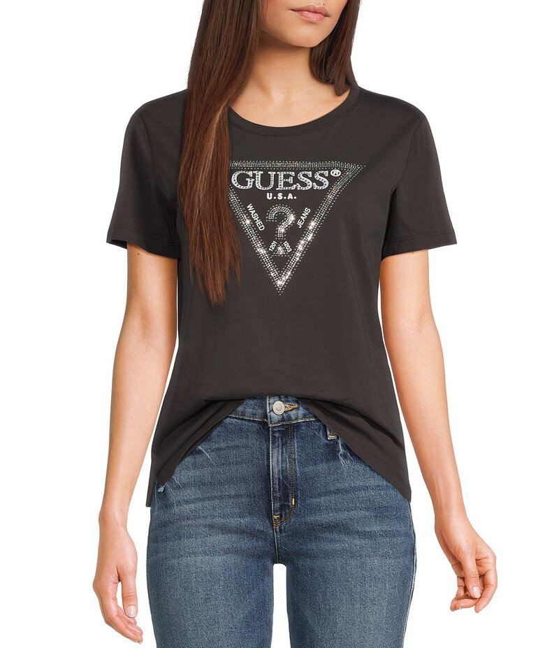 ゲス レディース トップス シャツ ロゴ Guess Krystal Short Sleeve Logo T-Shirt Bark Brown ブラウン