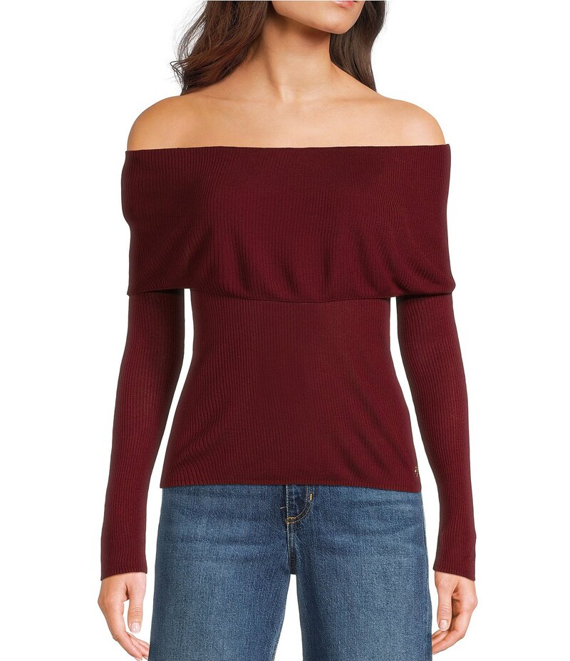 ゲス レディース アウター ニット・セーター リブ Guess Melanie Off-The-Shoulder Long Sleeve Ribbed Knit Sweater Medium Red レッド｜ReVida 店