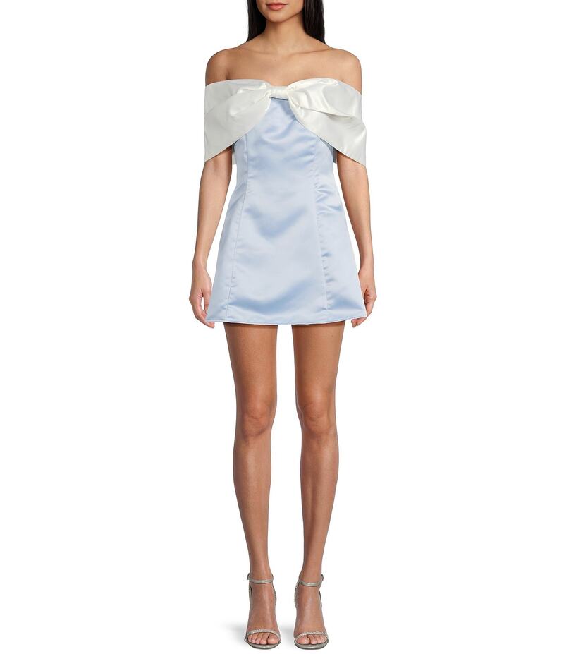 オールインフボール レディース トップス ワンピース ミニ ストラップレス All in Favor Strapless Off-The-Shoulder Bow Mini Dress Blue ブルー|ReVida 店