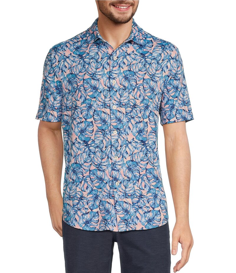 カリビアン メンズ トップス シャツ プリント Caribbean Watercolor Leaf Print Performance Stretch Short Sleeve Woven Shirt Pink ピンク