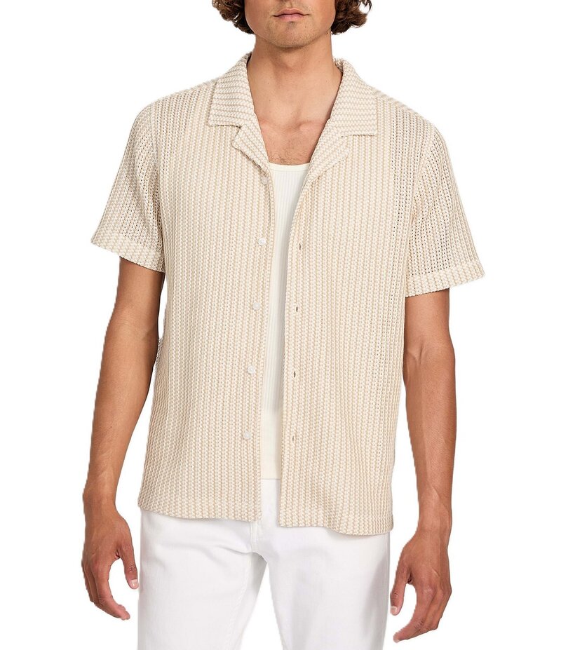 ゲス メンズ トップス シャツ ニット Guess Larson Short Sleeve Striped Knit Shirt Beige/Blanco Multi ベージュ