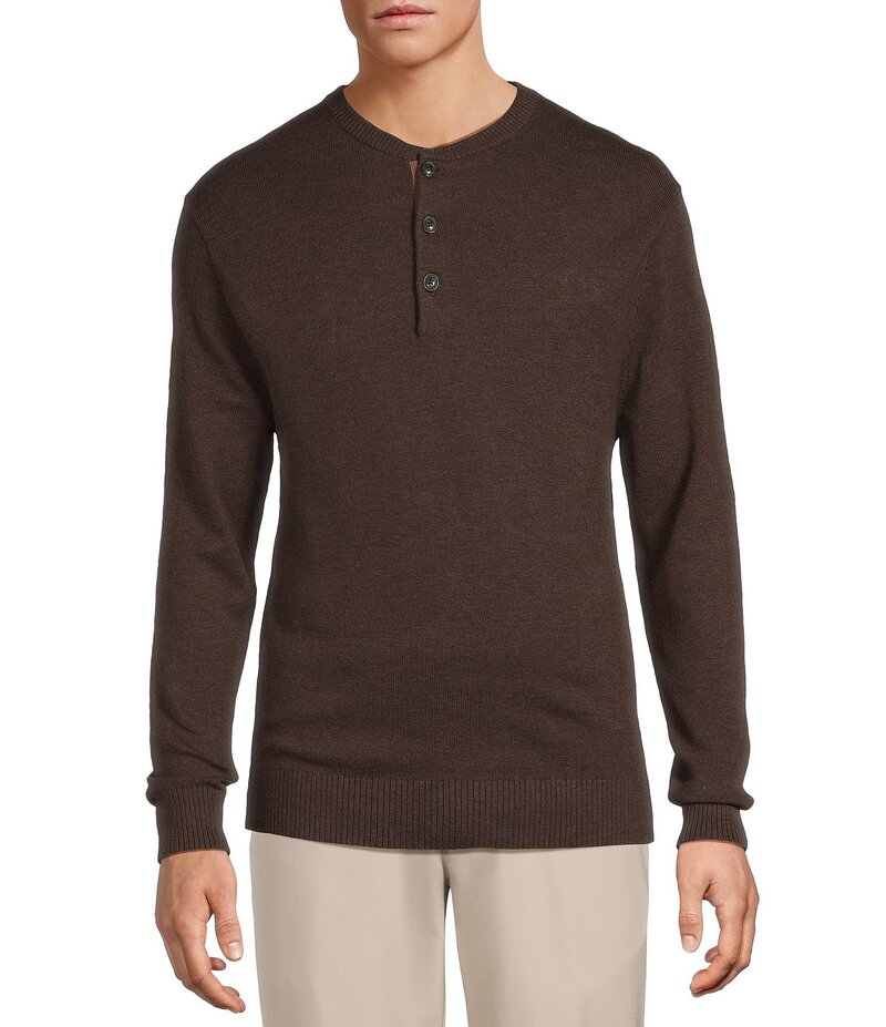 ラウンドトゥリーアンドヨーク メンズ アウター ニット・セーター Roundtree & Yorke Long Sleeve Solid Henley Pullover Sweater Brown ブラウン