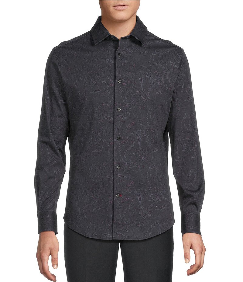 ダニエル クレミュ メンズ トップス シャツ プリント コート ニット Cremieux Blue Label St. Moritz Collection Printed Interlock Coat Front Long Sleeve Knit Shirt Black ブラック