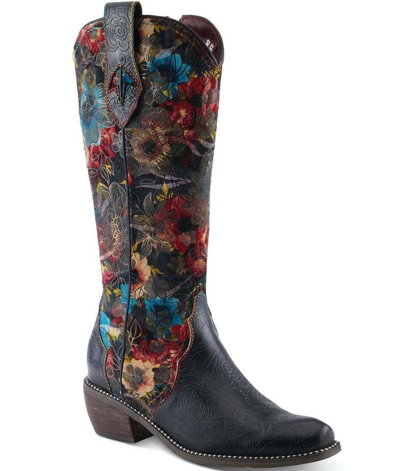 ラリティステ レディース シューズ ブーツ・レインブーツ フラワー柄 プリントール ベルベット レザー フラワー L'ARTISTE Rodeoqueen Leather Floral Print Velvet Studded Tall Western Boots Black Multi ブラック