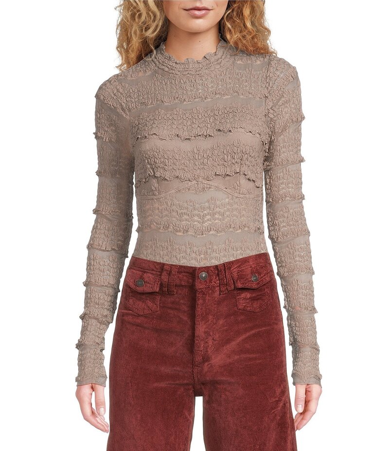 フリーピープル レディース トップス シャツ セミシアー モックネック シアー ボディースーツ Free People Angelina Semi Sheer Textured Mock Neck Long Sleeve Bodysuit Mocha Meringue モカ