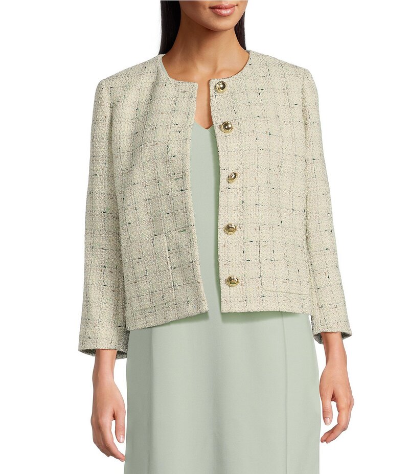 アンクライン レディース アウター コート ツイード ジャケット Anne Klein Tweed Round Neck Collarless Jacket White Dove Multi ホワイト