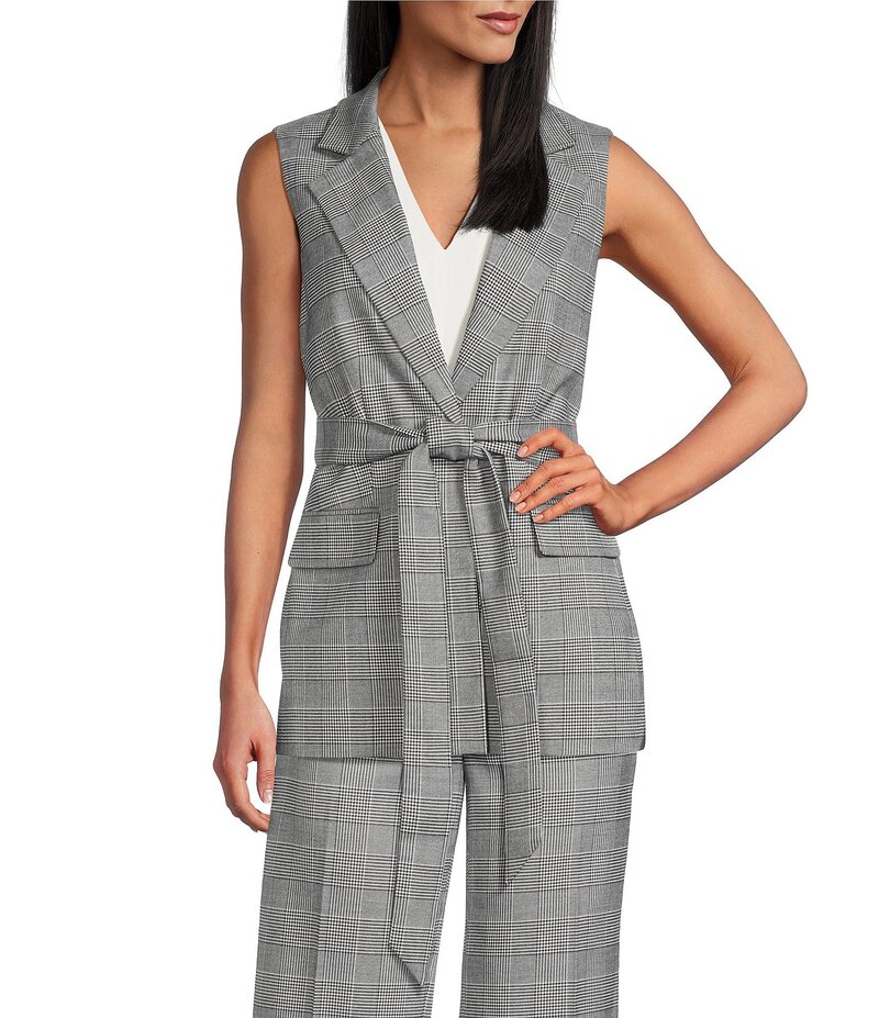 カスパール レディース アウター ベスト ノースリーブ Kasper Plaid Notch Collar Sleeveless Belted Button Front Vest Black/Vanilla ブラック