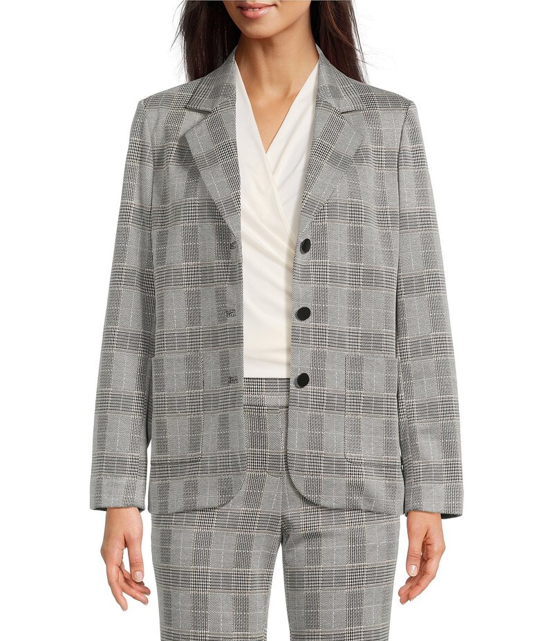 アンクライン レディース アウター コート ブレザー Anne Klein Plaid Notch Collar Long Sleeve Patch Pocket Button Front Blazer Anne Black Multi ブラック