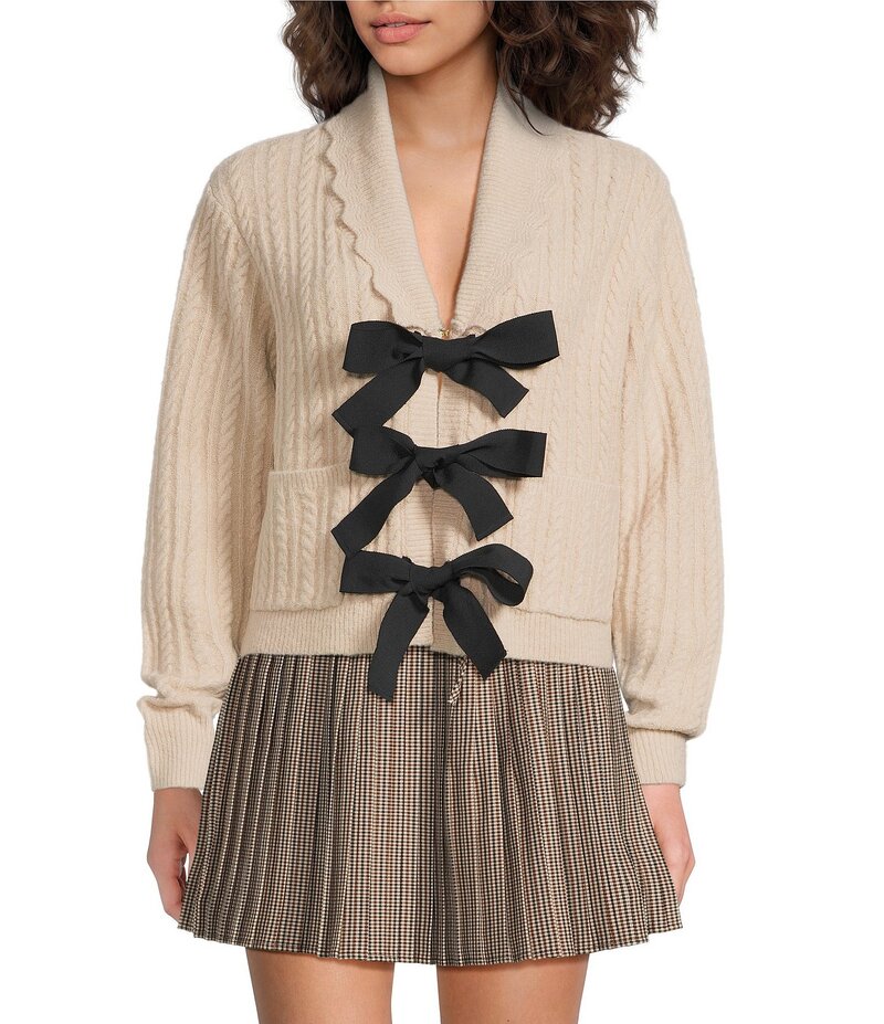 エーラブズエー レディース アウター ニット・セーター ウール カーディガン A Loves A Wool Blend Knit Scallop Collar Long Sleeve Bow Front Cardigan Sweater Light Oat