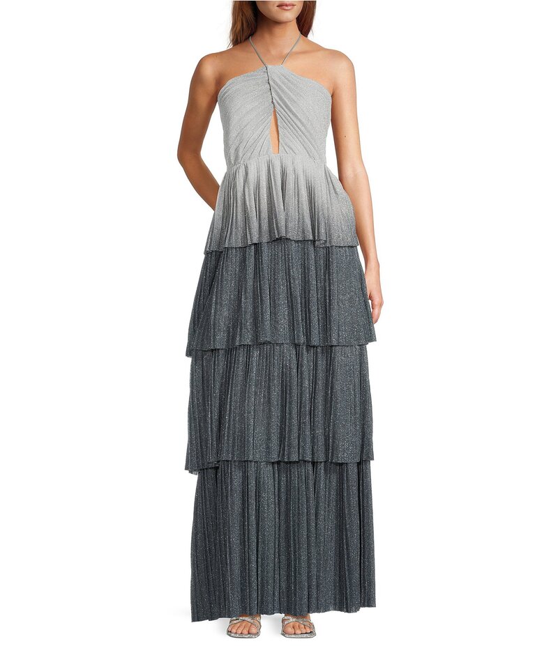 ラインアンドドット レディース トップス ワンピース ティアード プリント ノースリーブ マキシ ホルター Line andot Oracle Ombre Print Halter Neck Sleeveless Tiered Maxi Dressilver シルバー