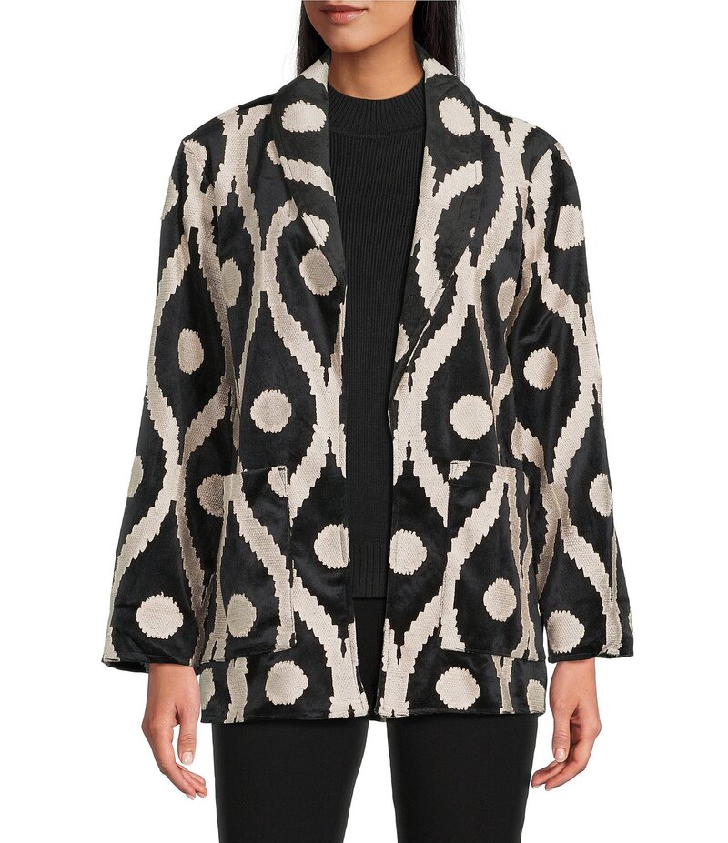 ジョン マーク レディース アウター コート ジャケット John Mark Ikatapestry Long Sleeve Open Front Oversized Jacket Black/Winter White ホワイト