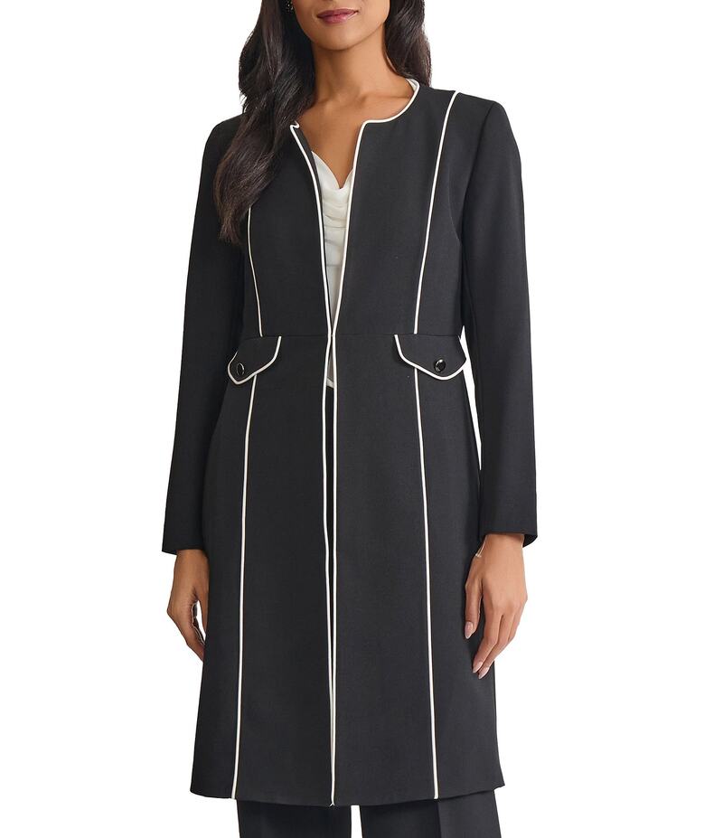 カスパール レディース アウター コート Kasper Long Sleeve Open Front Corded Piping Topper Black/Vanilla Ice ブラック｜ReVida 店