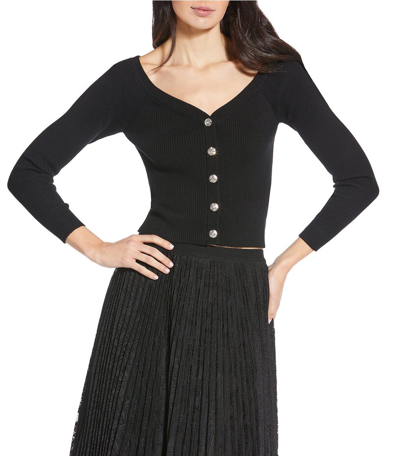 ルーシーパリ レディース アウター ニット・セーター Vネック カーディガン Lucy Pariscout V-Neck Long Sleeves Button Front Knit Cardigan Black ブラック