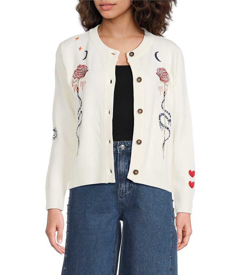 ネバーフリードレスド レディース アウター ニット・セーター クルーネック カーディガン 刺繍 Never Fully Dressed Hollienchanted Embroidered Crew Neck Button Front Cardigan Cream クリーム