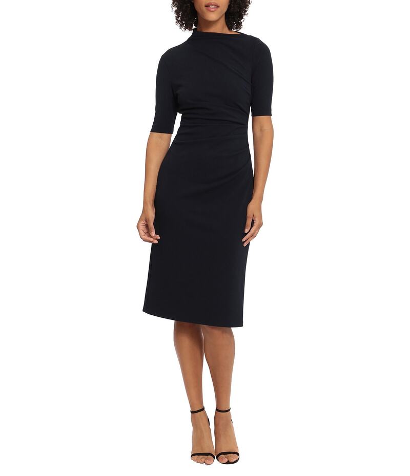 マギーロンドン レディース トップス ワンピース モックネック ドレープ ミディ Maggy London Mock Neck Short Sleeve Draped Midi Sheath Dress Twilight｜ReVida 店