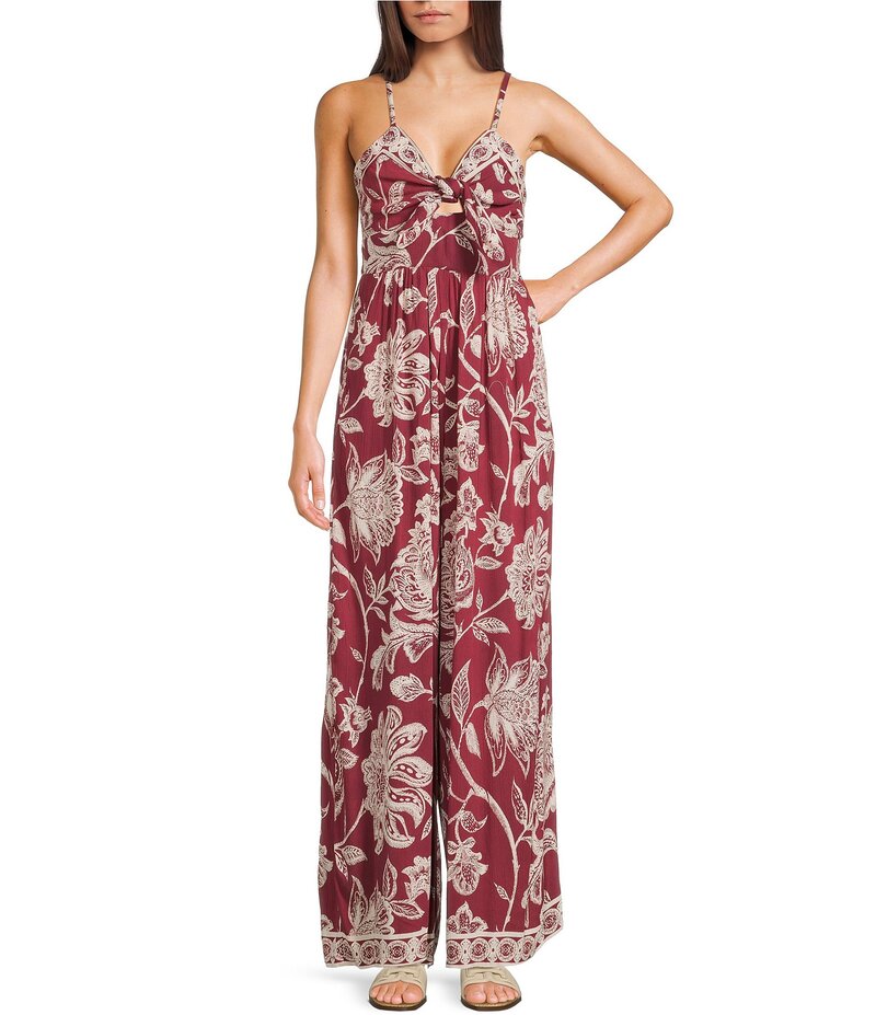 アンジー レディース トップス ジャンプスーツ ワイドレッグ プリント ノースリーブ Angie Sleeveless Border Print Keyhole Knot Front Wide Leg Jumpsuit Wine ワイン