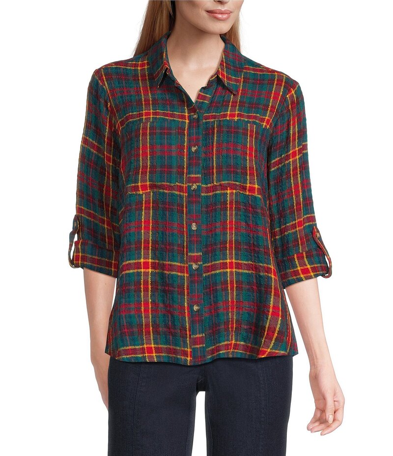 イントロ レディース トップス シャツ プチ Intro Petite Size Woven Pucker Plaid New Red Admore Point Collar 3/4 Rolled-Tab Sleeve Button-Front Shirt New Red Admore/Gold Lurex レッド