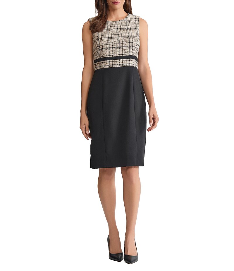 カスパール レディース トップス ワンピース クレープ ノースリーブ Kasper Plaid Stretch Crepe Crew Neckline Sleevelessheath Dressoft Sand Multi サンド