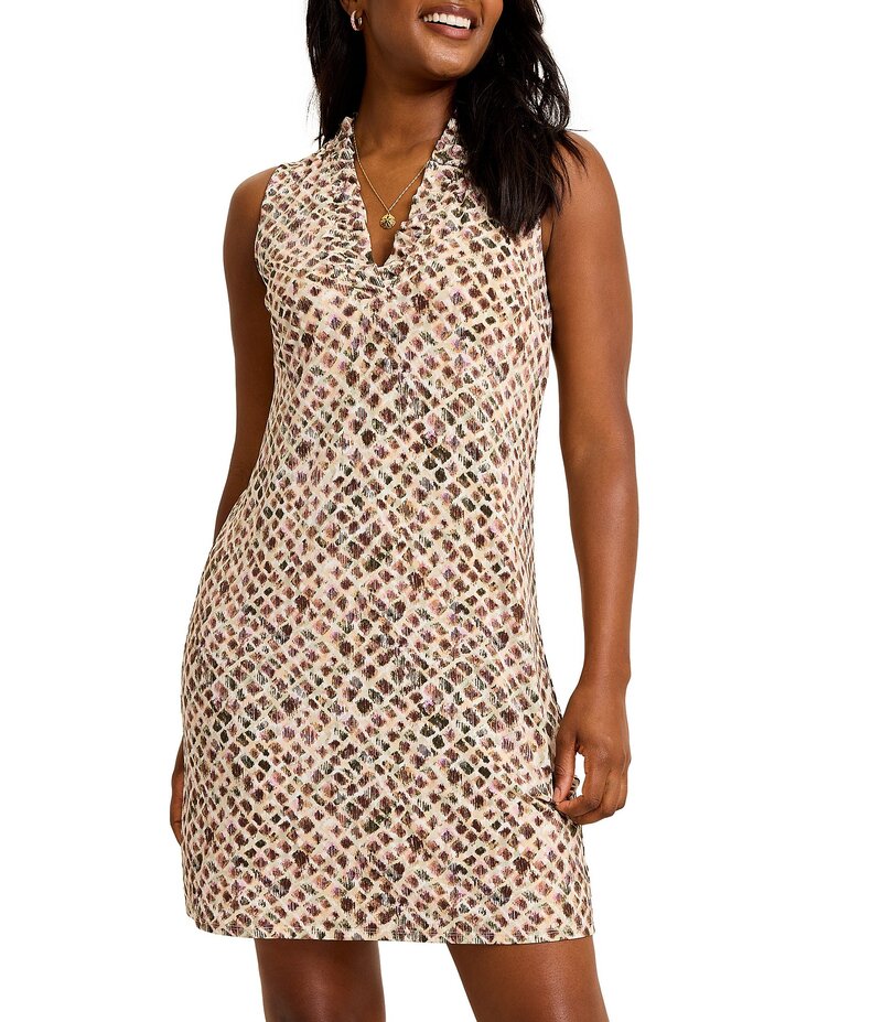 トッミーバハマ レディース トップス ワンピース Vネック フリル ノースリーブ Tommy Bahama Carmela Gemstone Geo Ruffled V-Neck Sleevelesshift Dress Coconut