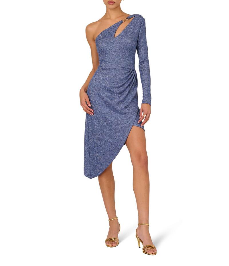 アドリアナ パペル レディース トップス ワンピース カットアウト アシンメトリー トール ニット Adrianna by Adrianna Papell Asymmetrical Neck Cutout One Sleeve Metallic Knit Faux Wrap Dress Dark Cobalt コバルト