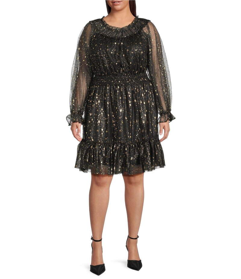 スカイズアブルー レディース トップス ワンピース ティアード プラスサイズ プリント メッシュ Skies Are Blue Plus Foil Star Print Round Neck Long Sleeve Mesh Tieredress Black-Gold ブラック