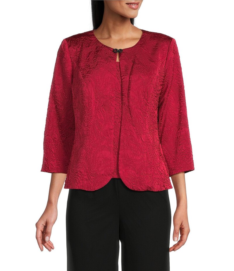 アレックスイブニングス レディース トップス シャツ ニット ジャケット Alex Evenings Textured Jacquard Knit Embellished Neck Twinset Jacket Red レッド
