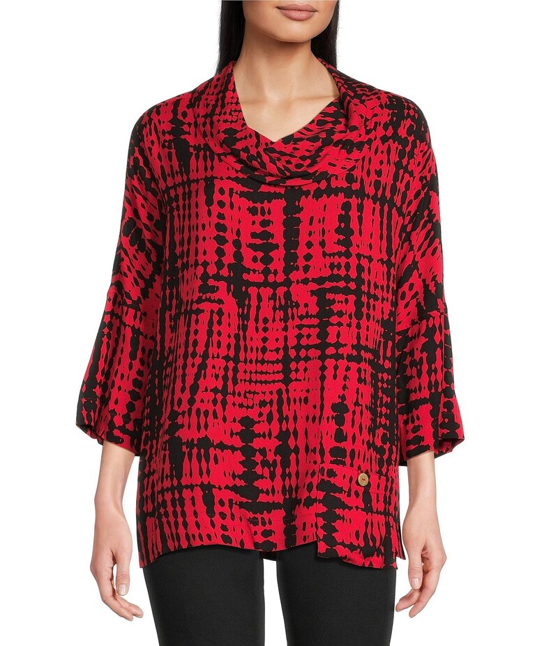 アリ マイルス レディース トップス シャツ Ali Miles Abstract Brush Stroke Cowl Neck 3/4 Dolman Sleeve Tunic Black Print ブラック