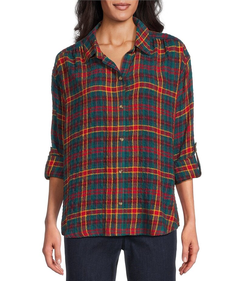 イントロ レディース トップス シャツ ボタンダウン プリント ダウン Intro Plaid Print Gold Lurex Detailong Roll-Tab Sleeve Button Down Swing Shirt New Red Amore with Gold Lurex レッド