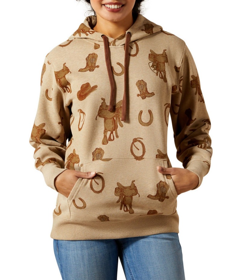 アリアト レディース トップス シャツ プリント ロゴ パーカー Ariat Wester Icon Print Logo 2.0 Hoodie Savannah Tan Heather ヘザー