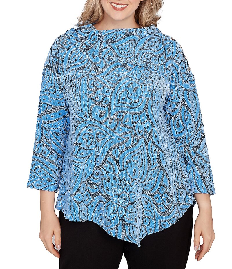 ルビーアールディー レディース トップス シャツ アシンメトリー プラスサイズ Ruby Rd. Plusize Paisley Jacquard Split Cowl Neck 3/4 Sleeve Asymmetric Hem Top Bluebell/Black ブラック