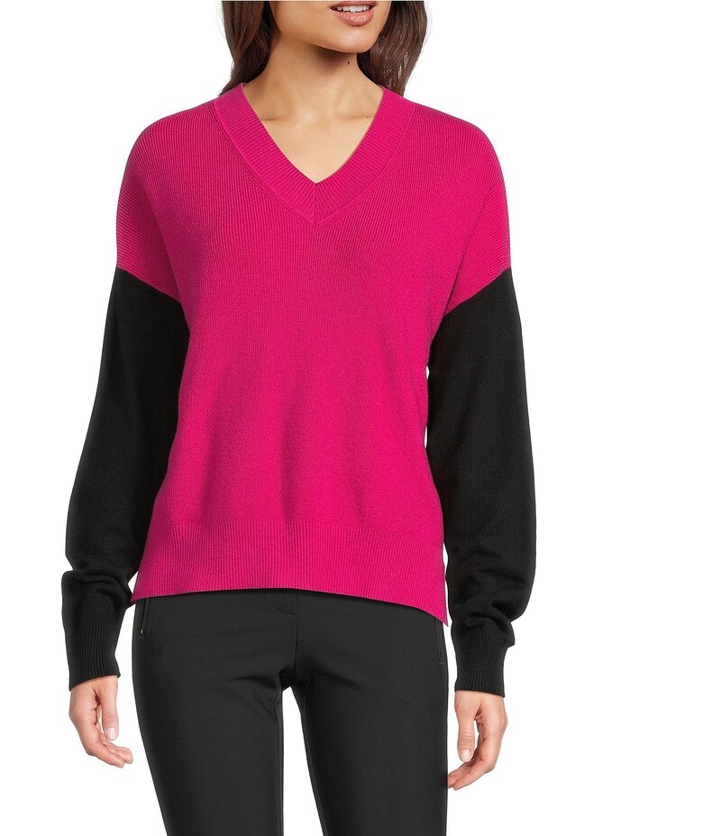 ダナキャラン レディース アウター ニット・セーター Vネック カラーブロック DKNY by Donna Karan Colorblock V-Neck Long Sleeve Sweater Black/Fuchsia ブラック
