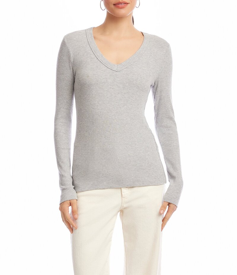 カレンケーン レディース トップス シャツ Vネック リブ ニット Karen Kane Ribbed Knit V- Neck Long Sleeve Top Heather Grey グレー