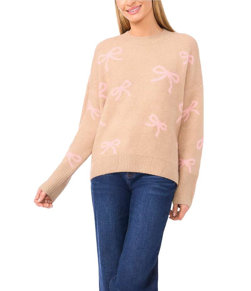 セセ レディース アウター ニット・セーター CeCe Knit Round Neck Long Sleeve Bow Sweater Coastal Beige ベージュ