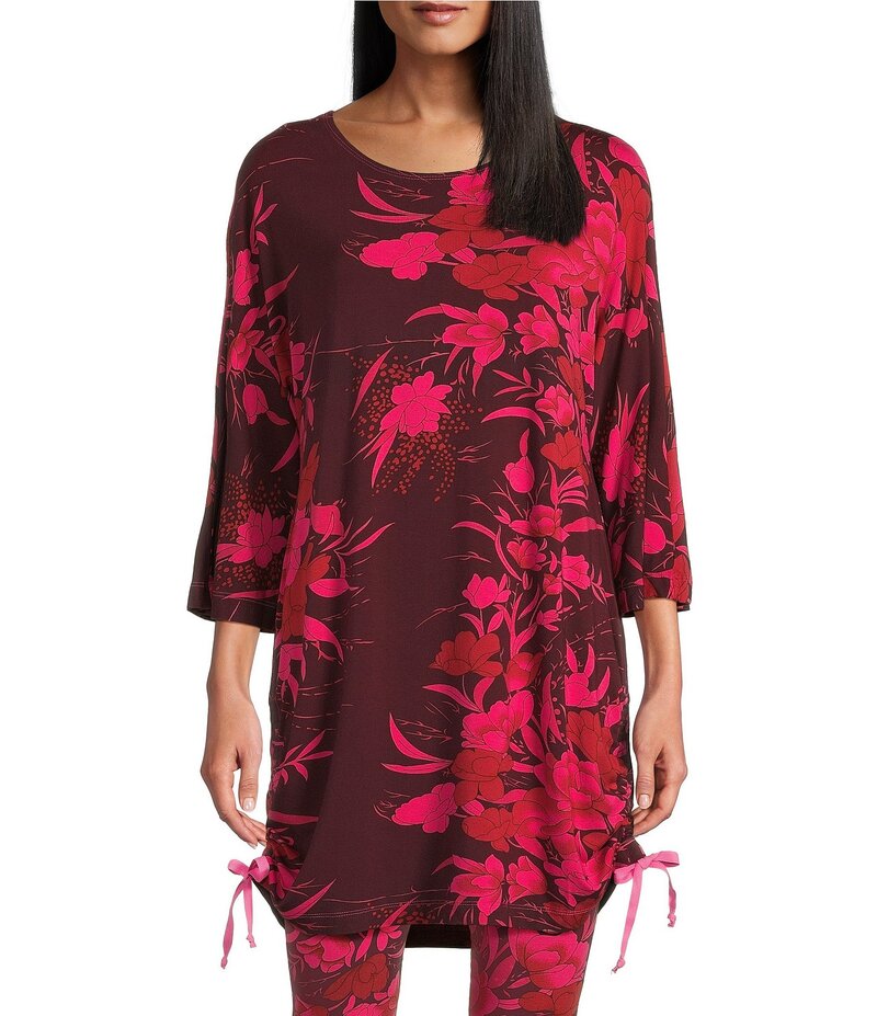 ブライン ウォーカー レディース トップス カットソー プリント ニット ジャージー Bryn Walker Vanya Coordinating Fiori Printed Viscose Jersey Knit Boat Neck 3/4 Sleeve Adjustable Tie Side Tunic Mandevilla