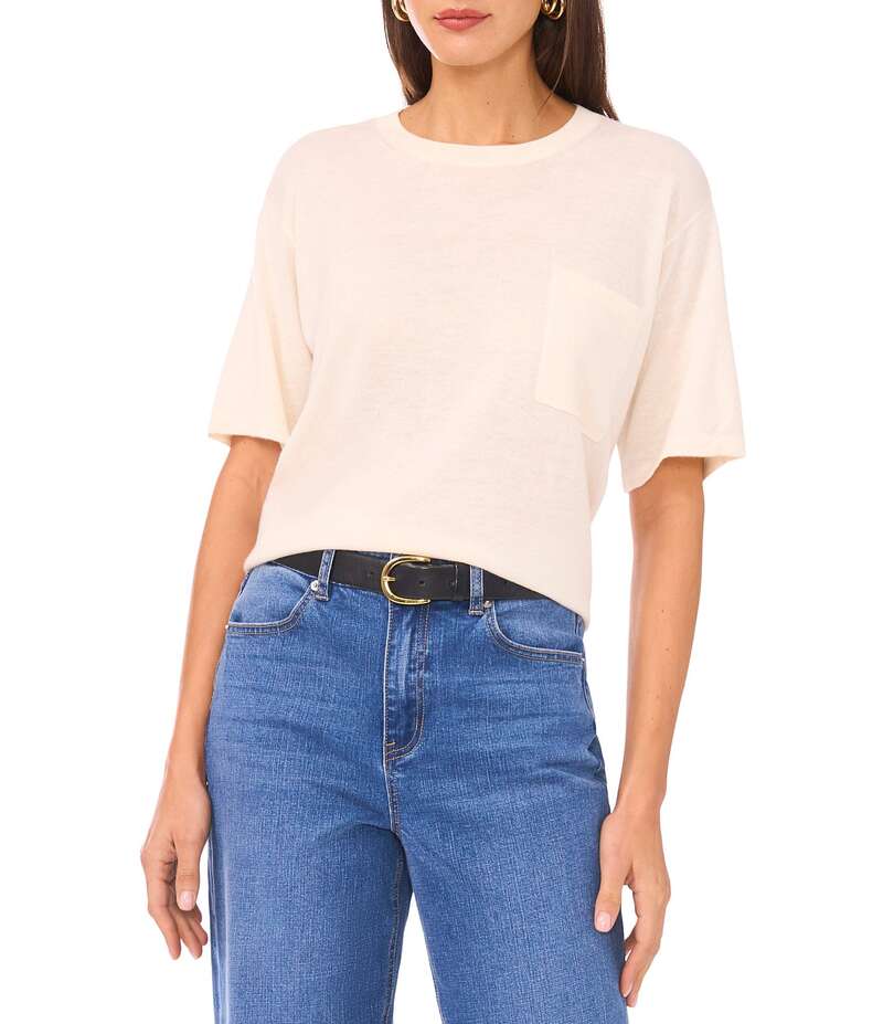 ワンステート レディース トップス シャツ クルーネック 1. STATE Solid Crew Neck Pocket Short Sleeve Top Creamy