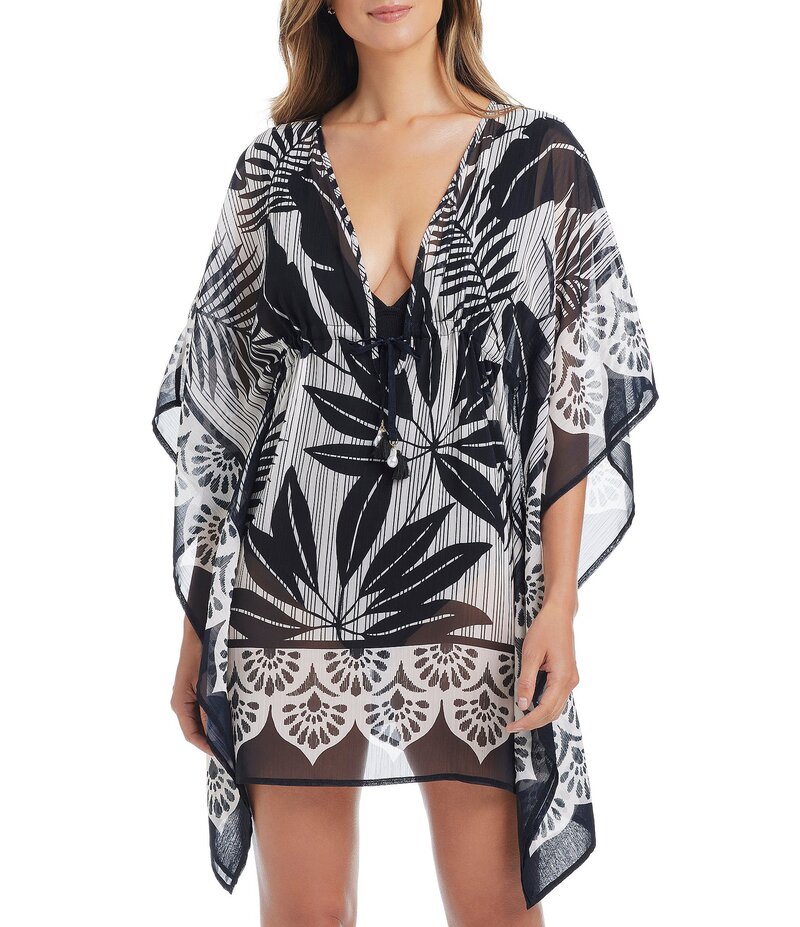 ブルーロッドビーティ レディース トップス ワンピース Vネック シフォン フラワー柄 フラワー Bleu Rod Beattie Island Time Floral Chiffon V-Neck Caftan Swim Cover-Up Black ブラック