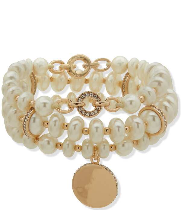 アンクライン レディース アクセサリー ブレスレット・バングル・アンクレット Anne Klein Gold Tone 3 Row Crystal Pearl Stretch Bracelet Gold ゴールド