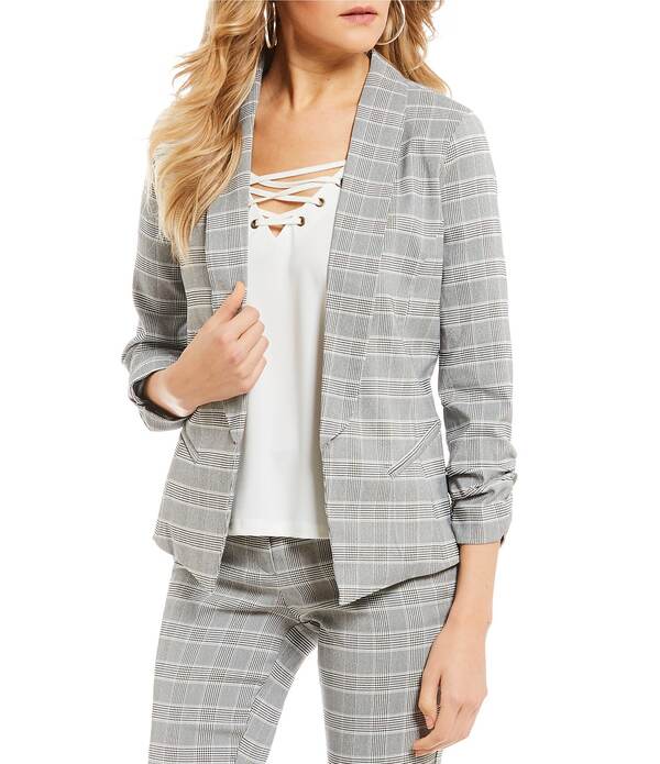タカラ レディース アウター 上衣・上衣 ギャザー スポーツジャケット Takara Ruched-Sleeve Coordinating Menswear Suit Separates Plaid Blazer Grey/White/Black 白いこと